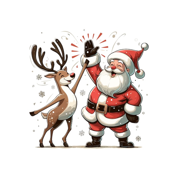 Santa Claus and a reindeer giving each other a high five