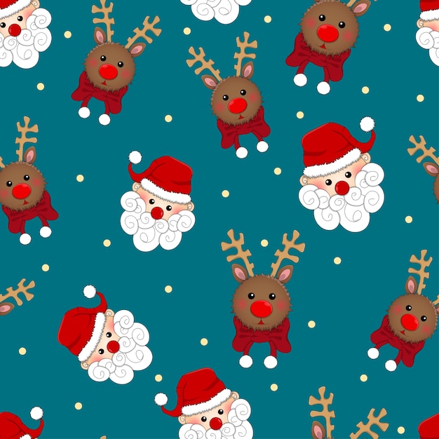 Santa Claus and Reindeer Seamless on Blue Background