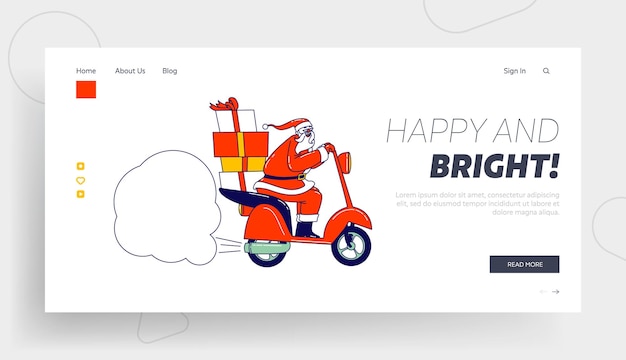 Santa Claus Ride Scooter with Gifts on Trunk Landing Page Template. Christmas Character in Red Festive Suit Advertising, Congratulation Mock Up Cloud with Copy Space. Linear People Vector Illustration