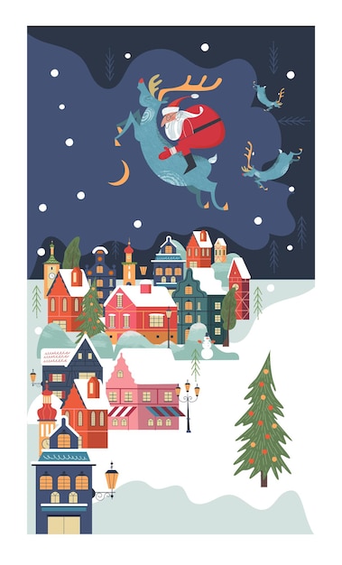 Vector santa claus rides on deer a small cozy snow covered town new year and christmas