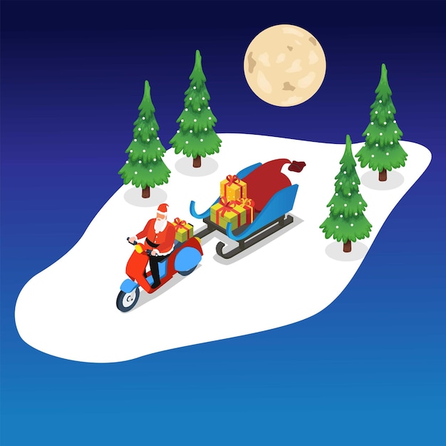 Santa claus riding a motorcycle delivering christmas presents isometric 3d