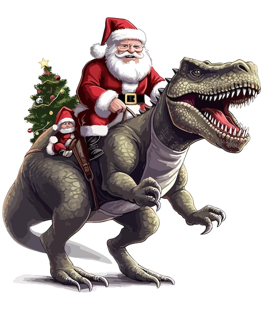 Santa claus riding a rex dinosaur Illustration on white background