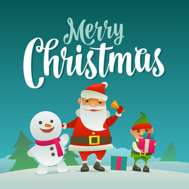 Santa claus rings the bell, the snowman waves his hand, the elf holds a gift. Merry Christmas calligraphy lettering. Flat color vector illustration. Forest landscape with hills with fir tree.