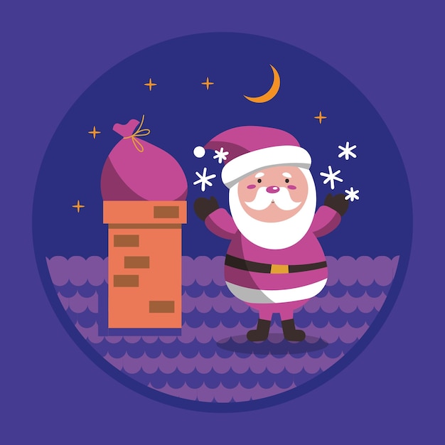 Santa Claus on the rooftop and chimney at the Christmas night with moon and snowflake EPS