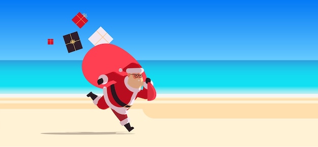 santa claus running with big sack full of gifts happy new year christmas vacation holiday celebration concept tropical beach seascape background full length flat   tion