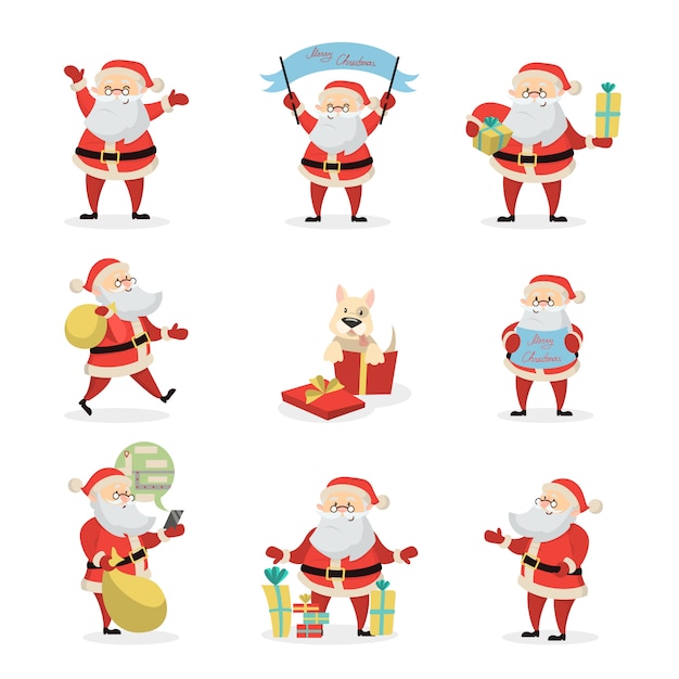 Santa Claus set on white background. Funny cartoon man.