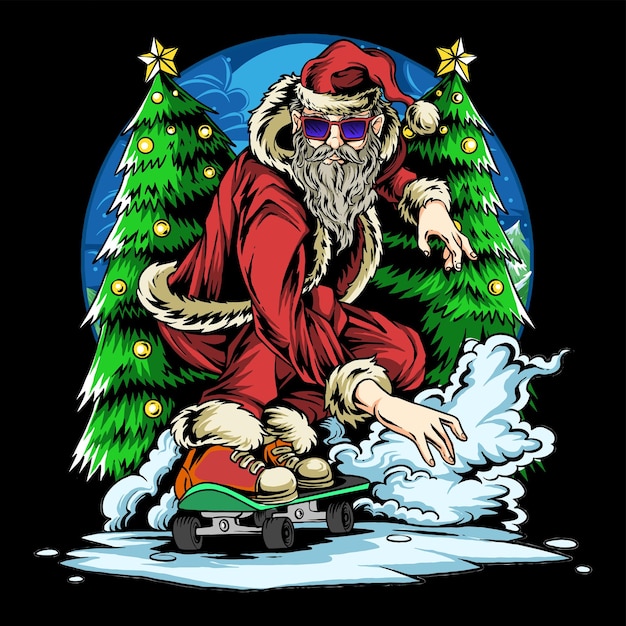 santa claus skateboarder skating on snow field on christmas