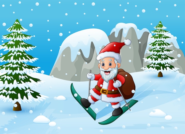 Santa claus skiing in the snow hill with sack of gifts