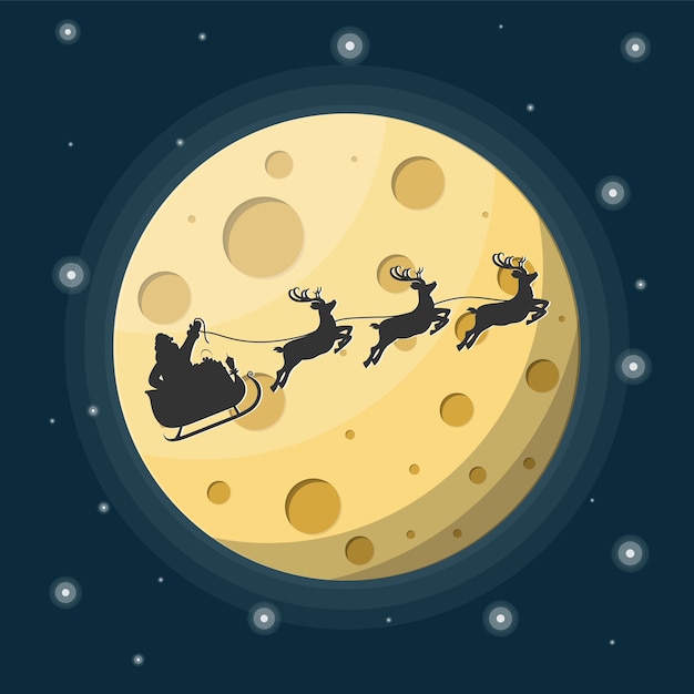 Santa Claus on sleigh full of gifts and his reindeers with moon in sky