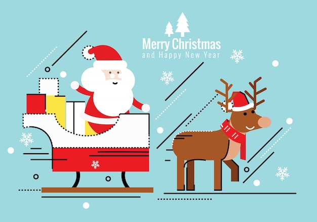 Santa Claus on sleigh and his reindeers. christmas and happy new year concept. flat thin line design elements. vector illustration