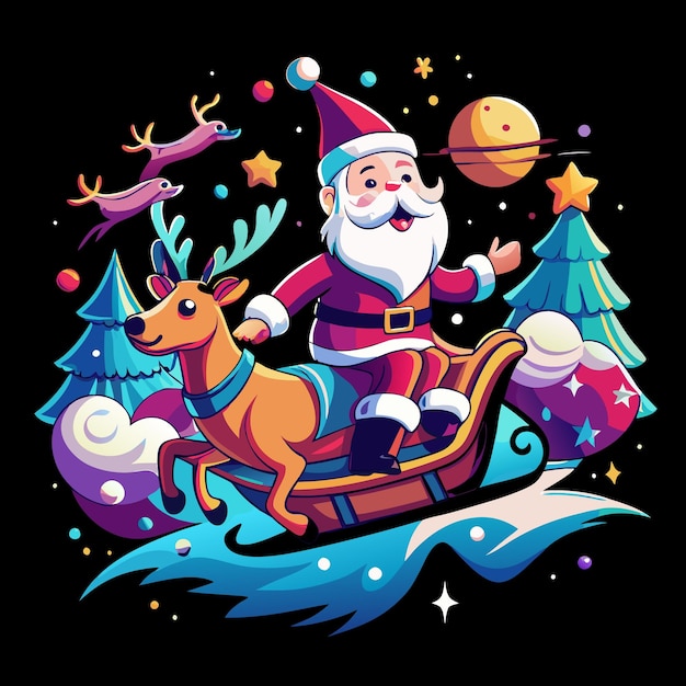 Vector santa claus in sleigh tshirt design magical holiday flight