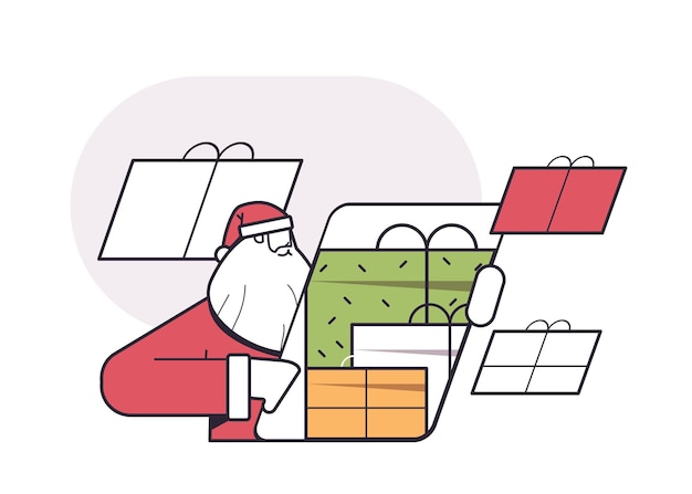 Santa claus using smartphone with gifts on screen happy new year merry christmas holiday celebration concept