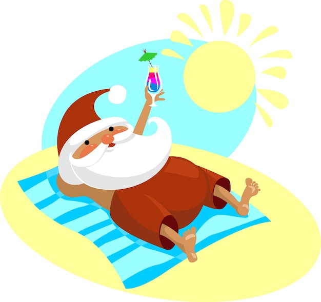 Santa Claus on vacation drinking cocktail on the hot beach