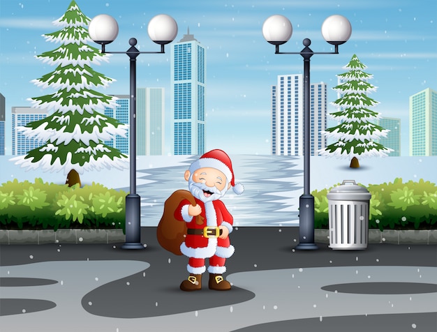 Vector santa claus walking through park with a bag of gifts