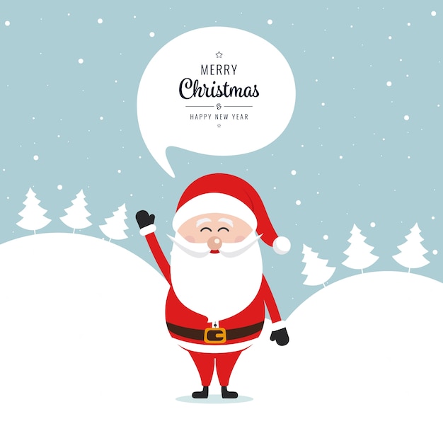 Vector santa claus wave merry christmas speech bubble snow landscape background