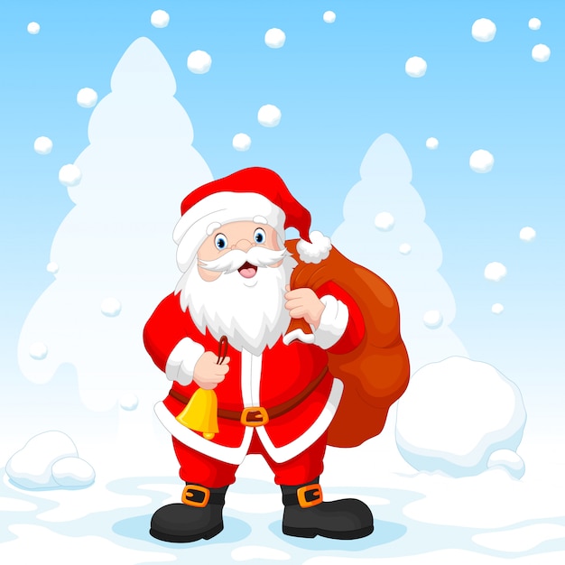 Santa Claus with a bag and a bell with snowfall background