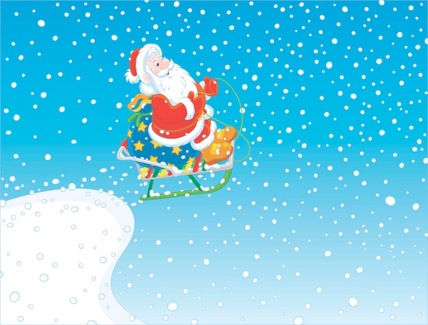 Santa Claus with a bag of Christmas gifts flying on his sledge from a snow springboard