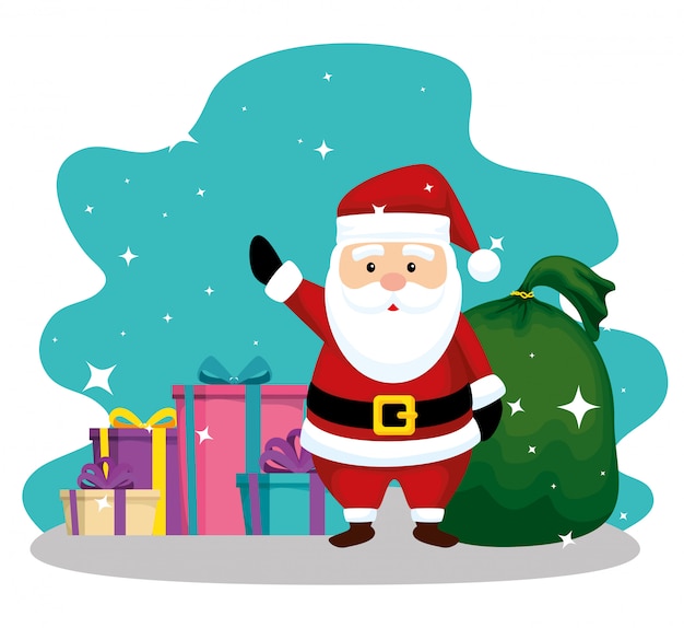 Santa claus with bag and gifts to christmas