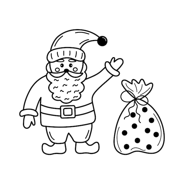 Santa claus with bag of gifts in doodle style. Vector illustration.