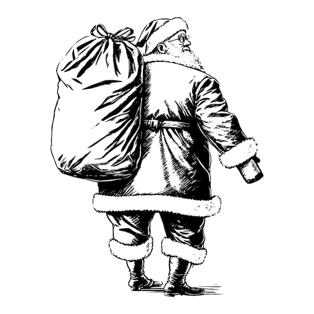 Santa Claus with a bag of gifts hand drawn illustration