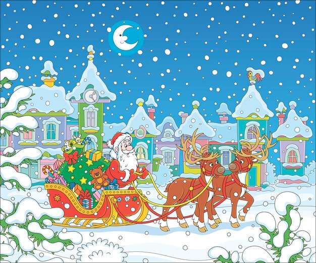 Vector santa claus with a big bag of christmas gifts in his sleigh with magic reindeers in a snowy town