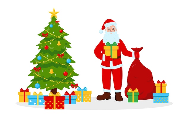 Santa Claus with big gift bag and boxes near Christmas tree isolated on white background