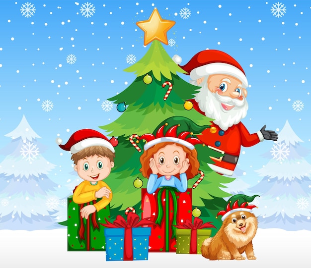 Santa Claus with children and gift boxes on snowy background