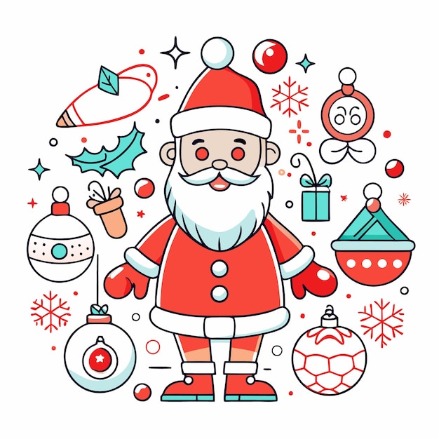 Vector santa claus with christmas ornaments gifts and snowflakes