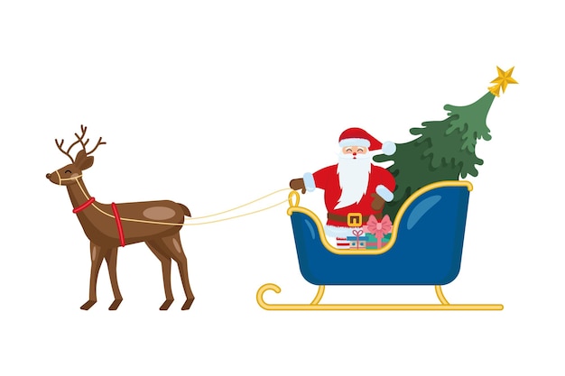 Santa Claus with a Christmas tree rides in a sleigh on a reindeer