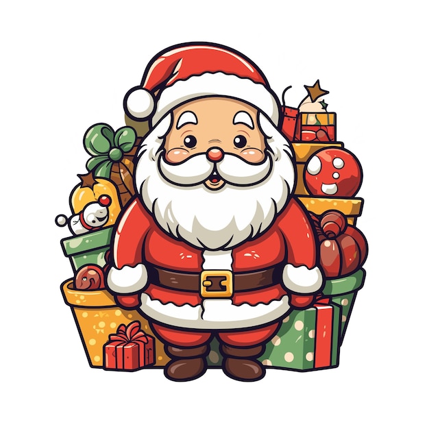 Santa Claus with gifts and candy cane outline line art doodle cartoon illustration