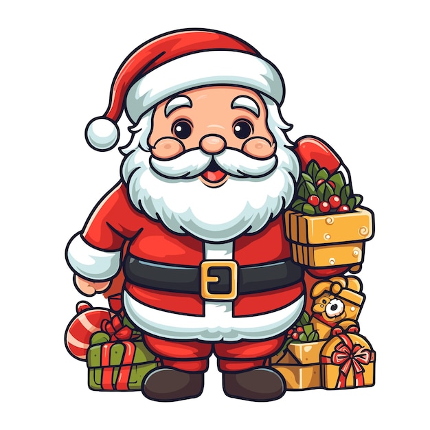 Santa Claus with gifts and candy cane outline line art doodle cartoon illustration