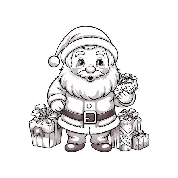 Santa Claus with gifts and candy cane outline line art doodle cartoon illustration