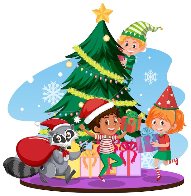 Santa Claus with happy children and Christmas tree