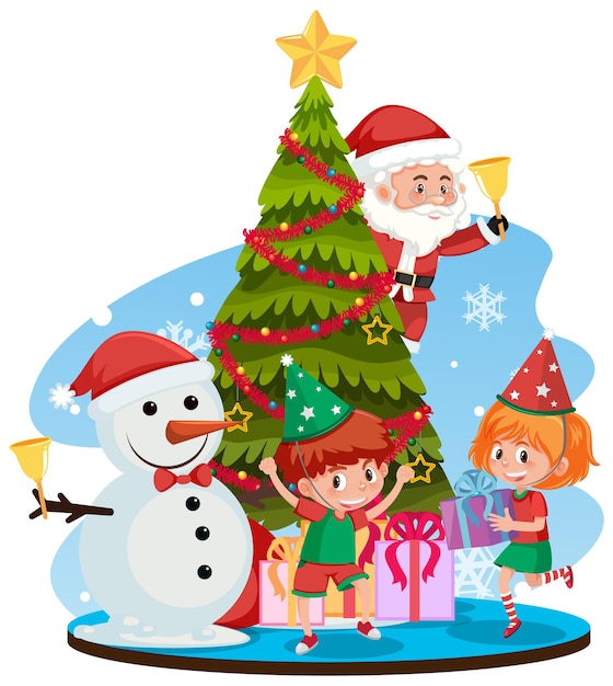 Santa Claus with happy children and Christmas tree