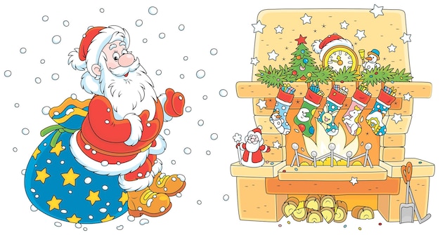 Santa Claus with holiday gifts in his magic bag and a decorated fireplace with Christmas socks