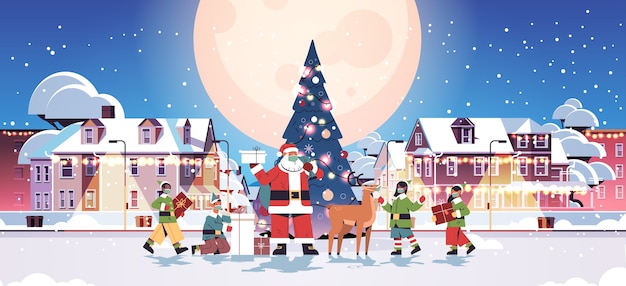 santa claus with mix race elves in masks preparing gifts happy new year merry christmas holidays celebration concept cityscape background full length horizontal vector illustration