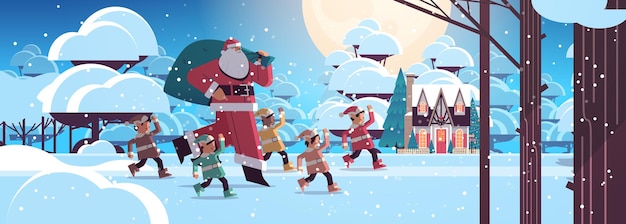 Santa claus with mix race elves in night snowy forest happy new year merry christmas holidays celebration concept