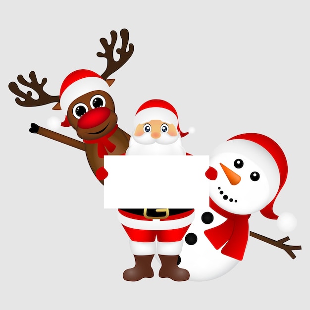 Santa Claus with snowman and reindeer peeking out from behind a large white poster