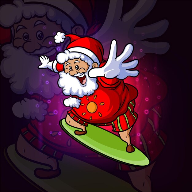 Vector the santa clause is riding a surfing board esport mascot design of illustration