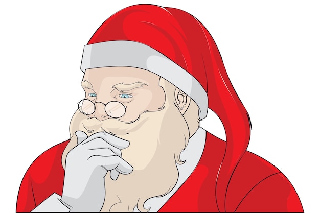 Santa clause keeping his hand on his beard and thinking deep