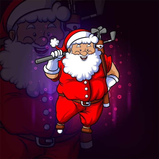 Vector the santa clause played the golf esport logo design of illustration