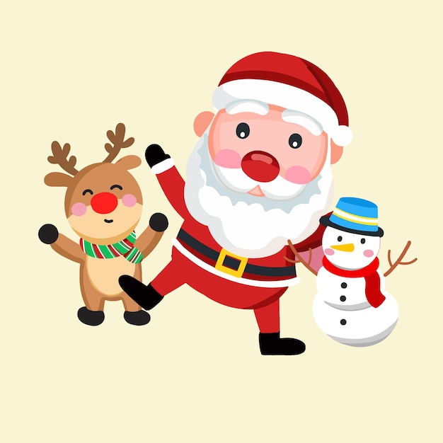 Santa clause snowman and reindeer dance and celebrate on Christmas day