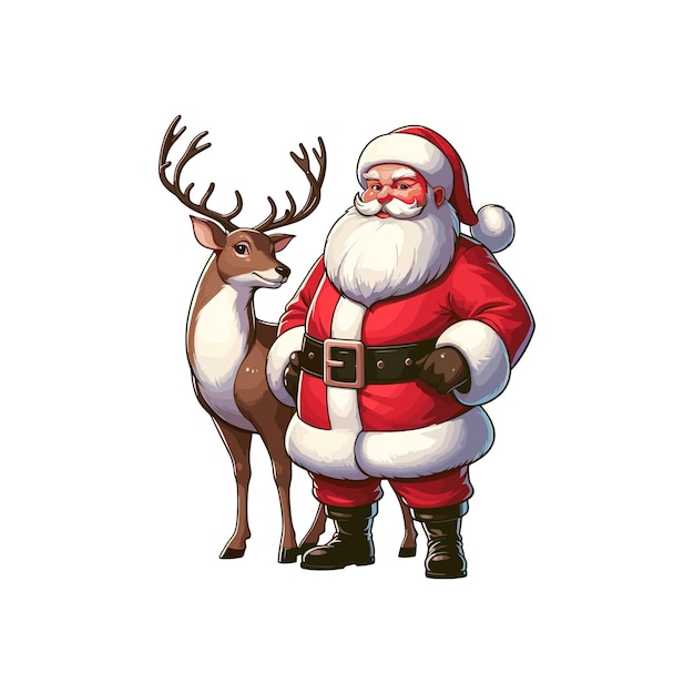 santa and a deer Santa Claus standing beside a majestic reindeer