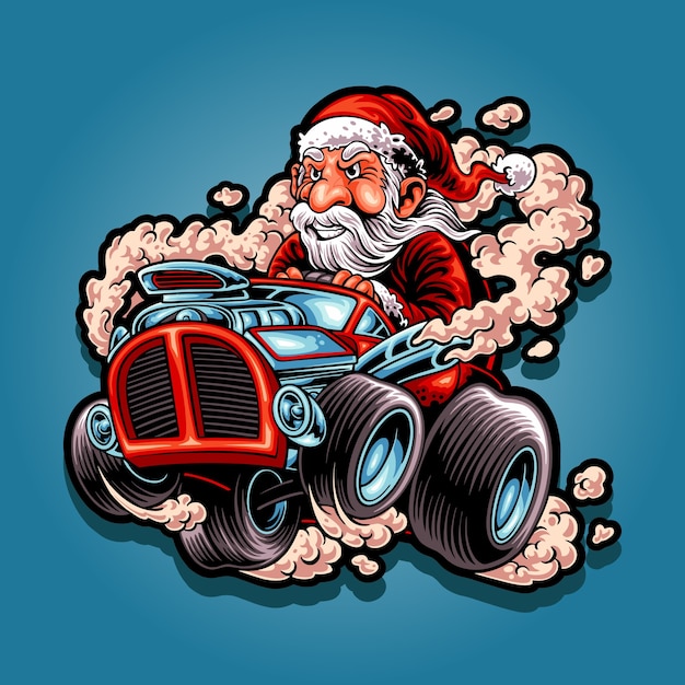 santa drives a hot rod car