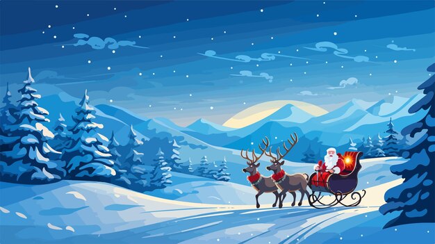 Vector santa driving sleigh at christmas holiday night festive greeting card