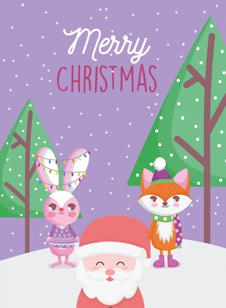 Santa, fox and rabbit christmas illustration