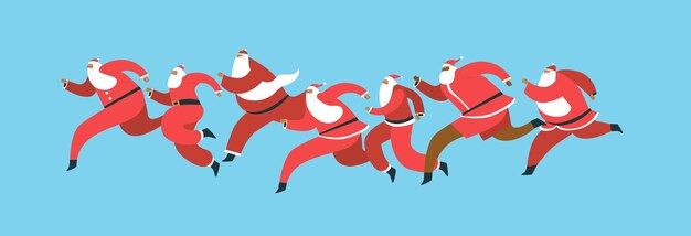 Vector santa fun run traditional charity race wearing santa claus costumes flat vector illustration