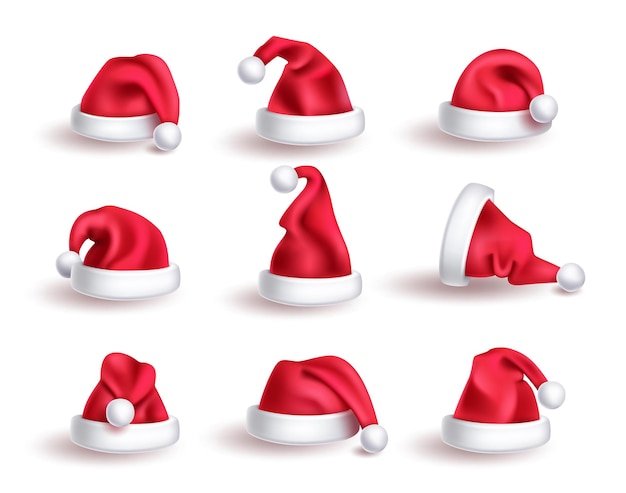 Santa hat vector set design. Santa claus 3d christmas cap elements collection for xmas winter wear.