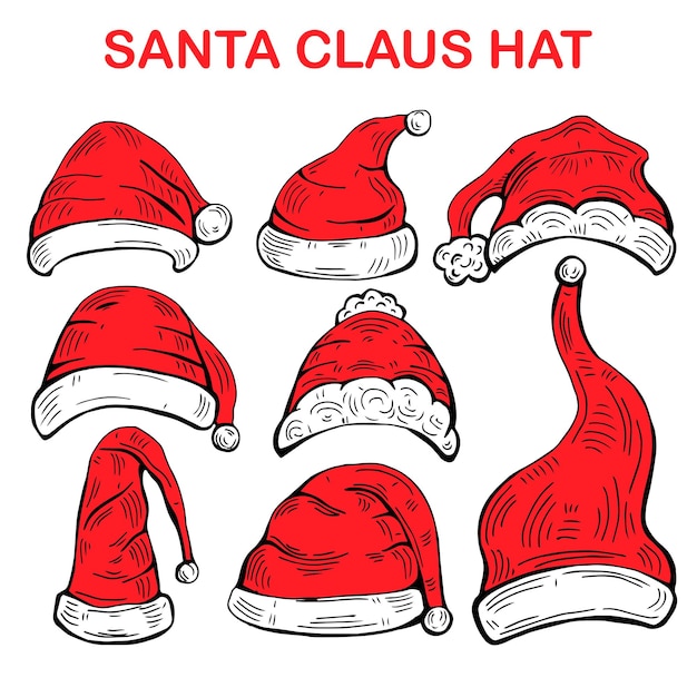 Santa hats doodles in sketch style