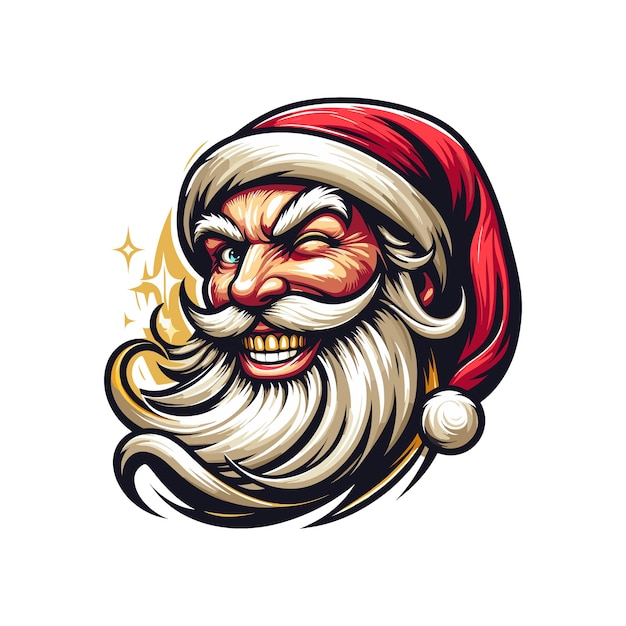 a santa head with a santa hat Santa Clauss face with a wink and a mischievous grin with golden too